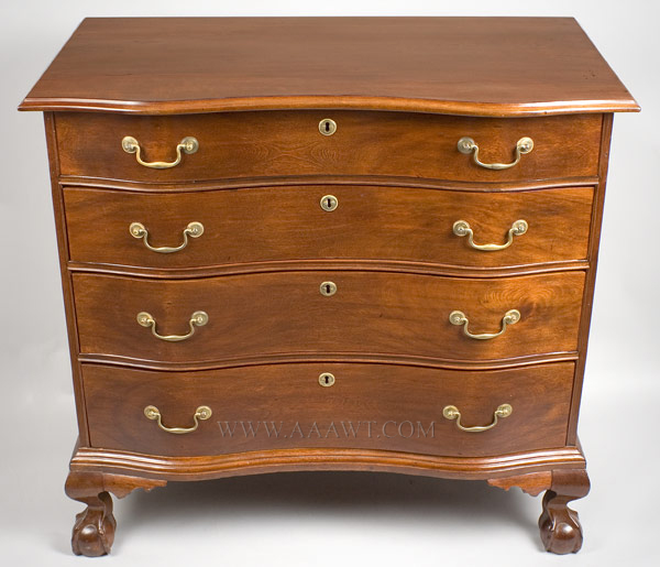 Chippendale Chest of Drawers, Reverse Serpentine, Ball & Claw Feet
Probably North Shore, Massachusetts
1760 to 1780
Birch and eastern white pine, mahoganized surface, entire view 1